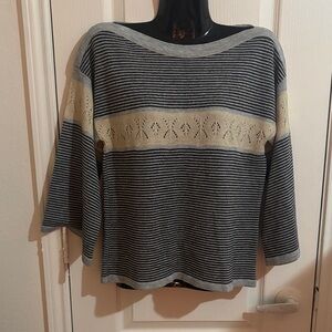 Chic Off-the-Shoulder Striped Sweater in Gray and Cream